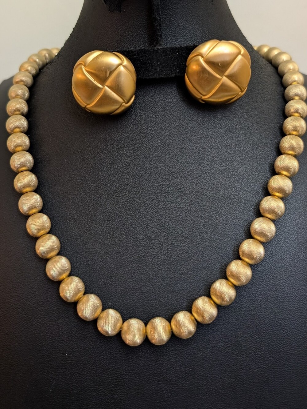 Estate Monet Brushed Gold Necklace & 80s Pierced Earrings